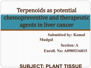 Submitted by: Komal
Mudgal
Section: A
Enroll. No: A0989216015
Terpenoids as potential
chemopreventive and therapeutic
agents in liver cancer
 
