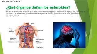¿Qué órganos dañan los esteroides?
El uso de esteroides anabólicos puede dañar muchos órganos, incluidos el hígado, los riñones y el
corazón. Los esteroides pueden causar ataques cardíacos, presión arterial alta y accidente
cerebrovascular.
ROCIO ACUÑA FARFAN
 