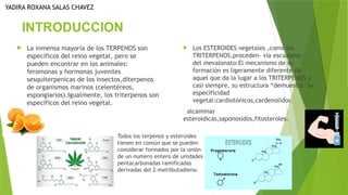 INTRODUCCION
Todos los terpenos y esteroides
tienen en común que se pueden
considerar formados por la unión
de un numero entero de unidades
pentacarbonadas ramificadas
derivadas del 2-metilbutadieno.
 La inmensa mayoría de los TERPENOS son
específicos del reino vegetal, pero se
pueden encontrar en los animales:
feromonas y hormonas juveniles
sesquiterpenicas de los insectos,diterpenos
de organismos marinos (celentéreos,
espongiarios).Igualmente, los triterpenos son
específicos del reino vegetal.
 Los ESTEROIDES vegetales ,como los
TRITERPENOS,proceden- vía escualeno-
del mevalonato:El mecanismo de su
formación es ligeramente diferente de
aquel que da la lugar a los TRITERPENOS y
casi siempre, su estructura “demuestra "su
especificidad
vegetal:cardiotónicos,cardenolidos
alcaminas
esteroidicas,saponosidos,fitosteroles.
YADIRA ROXANA SALAS CHAVEZ
 