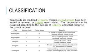 CLASSIFICATION
Terpenoids are modified terpenes, wherein methyl groups have been
moved or removed, or oxygen atoms added. , The terpenoids can be
classified according to the number of isoprene units that comprise
the parent terpene:
 
