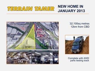 32,100sq metres
12km from CBD
Complete with 4WD
parts testing track
NEW HOME IN
JANUARY 2013
 