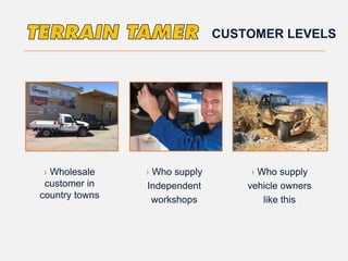 › Wholesale
customer in
country towns
› Who supply
Independent
workshops
› Who supply
vehicle owners
like this
CUSTOMER LEVELS
 