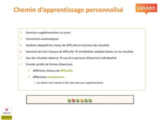  Exercices supplémentaires au cours
 Corrections automatiques
× Système adaptatif du niveau de difficulté en fonction des résultats
× Exercices de trois niveaux de difficulté  remédiation adaptée basée sur les résultats
 Vue des résultats obtenus  vue d’un parcours d’exercices individualisé
 Grande variété de formes d’exercices
 différents niveaux de difficultés
 différentes compétences
 Les élèves sont motivés à faire des exercices supplémentaires
Chemin d’apprentissage personnalisé
 