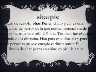 Cuadro de textoEl Shar Pei en chino y en es una
raza china de perros de la que existen noticias desde
aproximadamente el año 206 a. c. Tambien fue el animal
simbolo de la dinastiua Han para esta dinastia y para
otras personas provee energia cariño y amor. El
significado de shar perro en chino es piel de arena

 
