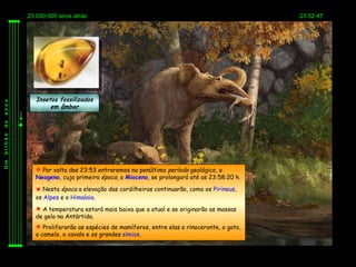 23.030.000 anos atrás                                                          23:52:47




            Insetos fossilizados
anos




                 em âmbar
de
bilhão
Um




            Por volta das 23:53 entraremos no penúltimo período geológico, o
           Neogeno, cuja primeira época, o Mioceno, se prolongará até as 23:58:20 h.

            Nesta época a elevação das cordilheiras continuarão, como os Pirineus,
           os Alpes e o Himalaia.
            A temperatura estará mais baixa que a atual e se originarão as massas
           de gelo na Antártida.
            Proliferarão as espécies de mamíferos, entre elas o rinoceronte, o gato,
           o camelo, o cavalo e os grandes símios,
 