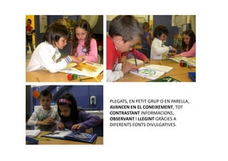 PLEGATS, EN PETIT GRUP O EN PARELLA,
AVANCEN EN EL CONEIXEMENT, TOT
CONTRASTANT INFORMACIONS,
OBSERVANT I LLEGINT GRÀCIES A
DIFERENTS FONTS DIVULGATIVES.
 