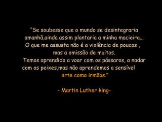 “ Se soubesse que o mundo se desintegraria amanhã,ainda assim plantaria a minha macieira... O que me assusta não é a violência de poucos ,  mas a omissão de muitos. Temos aprendido a voar com os pássaros, a nadar com os peixes,mas não aprendemos a sensível   arte como irmãos.” - Martin Luther king- 