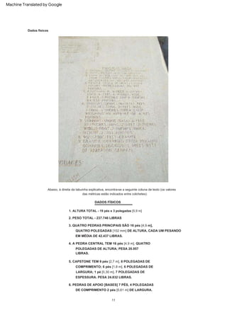1. ALTURA TOTAL - 19 pés e 3 polegadas [5,9 m]
Abaixo, à direita da tabuinha explicativa, encontra-se a seguinte coluna de texto (os valores
das métricas estão indicados entre colchetes):
11
Dados físicos
3. QUATRO PEDRAS PRINCIPAIS SÃO 16 pés [4,9 m],
4. A PEDRA CENTRAL TEM 16 pés [4,9 m], QUATRO
POLEGADAS DE ALTURA; PESA 20.957
LIBRAS.
2. PESO TOTAL - 237.746 LIBRAS
DADOS FÍSICOS
QUATRO POLEGADAS [102 mm] DE ALTURA, CADA UM PESANDO
EM MÉDIA DE 42.437 LIBRAS.
5. CAPSTONE TEM 9 pés [2,7 m], 8 POLEGADAS DE
COMPRIMENTO; 6 pés [1,8 m], 6 POLEGADAS DE
LARGURA; 1 pé [0,30 m], 7 POLEGADAS DE
ESPESSURA. PESA 24.832 LIBRAS.
6. PEDRAS DE APOIO [BASES] 7 PÉS, 4 POLEGADAS
DE COMPRIMENTO 2 pés [0,61 m] DE LARGURA.
Machine Translated by Google
 