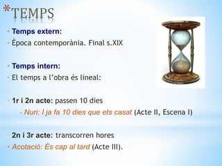 *TEMPS
• Temps extern:
• Època contemporània. Final s.XIX
• Temps intern:
• El temps a l’obra és lineal:
• 1r i 2n acte: passen 10 dies
- Nuri: I ja fa 10 dies que ets casat (Acte II, Escena I)
• 2n i 3r acte: transcorren hores
• Acotació: És cap al tard (Acte III).
 