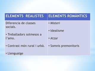 ELEMENTS REALISTES ELEMENTS ROMÀNTICS
Diferencia de classes
socials.
• Treballadors sotmesos a
l’amo.
• Contrast món rural i urbà.
• Llenguatge
• Misteri
• Idealisme
• Atzar
• Somnis premonitoris
 