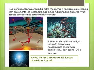 Nos fundos oceânicos onde a luz solar não chega, a energia e os nutrientes vêm diretamente  do vulcanismo das fontes hidrotermais e os seres vivos desses ecossistemas parecem extraterrestres. As formas de vida mais antigas ter-se-ão formado em ecossistemas assim: sem oxigénio (O 2 ), sem ozono (O 3 ) e sem luz. A vida na Terra iniciou-se nos fundos oceânicos. Porquê?  