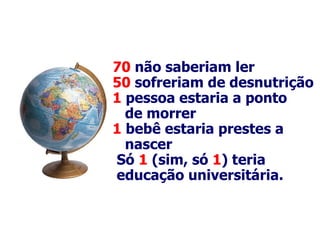 70  não saberiam ler  50  sofreriam de desnutrição  1  pessoa estaria a ponto de morrer  1  bebê estaria prestes a nascer  Só  1  (sim, só  1 ) teria educação universitária.   