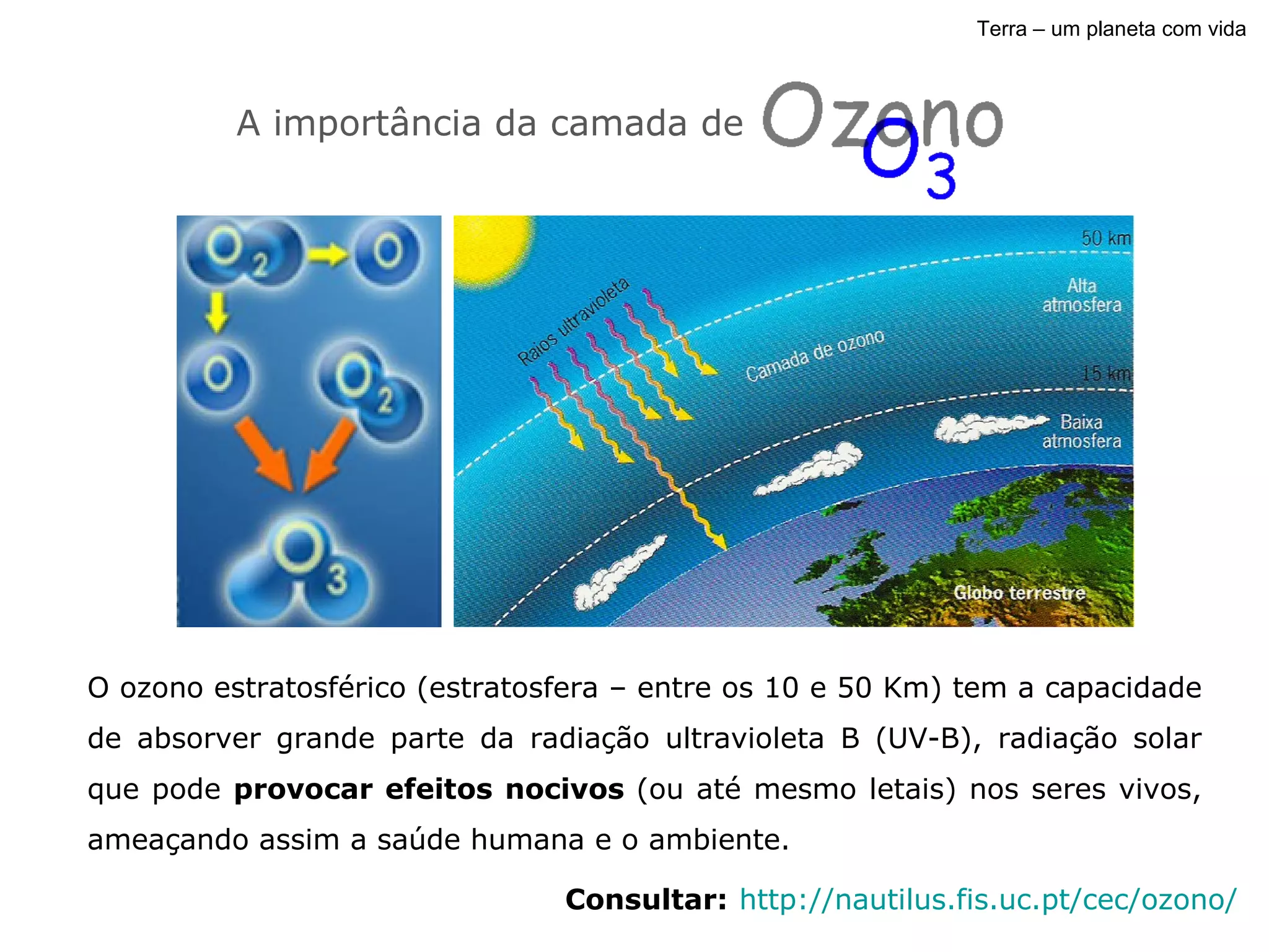 Terra – um planeta com vida A importância da camada de O ozono estratosférico (estratosfera – entre os 10 e 50 Km) tem a capacidade de absorver grande parte da radiação ultravioleta B (UV-B), radiação solar que pode  provocar efeitos nocivos  (ou até mesmo letais) nos seres vivos, ameaçando assim a saúde humana e o ambiente. http://nautilus.fis.uc.pt/cec/ozono/ Consultar: 