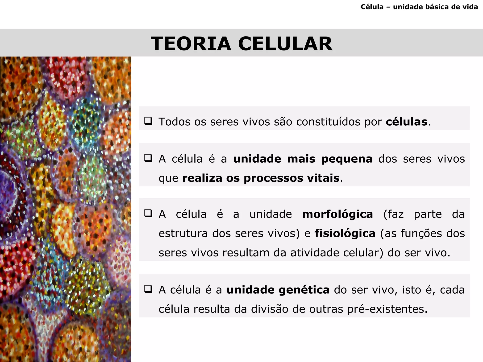 TEORIA CELULAR Célula – unidade básica de vida Todos os seres vivos são constituídos por  células . A célula é a  unidade mais pequena  dos seres vivos que  realiza os processos vitais . A célula é a unidade  morfológica  (faz parte da estrutura dos seres vivos) e  fisiológica  (as funções dos seres vivos resultam da atividade celular) do ser vivo. A célula é a  unidade genética  do ser vivo, isto é, cada célula resulta da divisão de outras pré-existentes. 