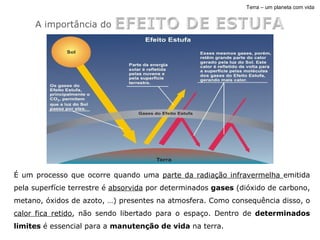Terra – um planeta com vida A importância do É um processo que ocorre quando uma  parte da radiação infravermelha  emitida pela superfície terrestre é  absorvida  por determinados  gases  (dióxido de carbono, metano, óxidos de azoto, …) presentes na atmosfera. Como consequência disso, o  calor fica retido , não sendo libertado para o espaço. Dentro de  determinados limites  é essencial para a  manutenção de vida  na terra. 