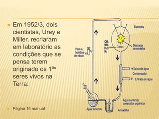   Em 1952/3, dois
    cientistas, Urey e
    Miller, recriaram
    em laboratório as
    condições que se
    pensa terem
    originado os 1ºs
    seres vivos na
    Terra:


   Página 16 manual
 