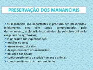 os mananciais são importantes e precisam ser preservados;
infelizmente, eles vêm sendo comprometidos pelo
desmatamento, exploração incorreta do solo, subsolo e utilização
exagerada de agrotóxicos;
as principais consequências são:
erosões no solo;
assoreamento dos rios;
desaparecimento dos mananciais;
poluição das águas;
comprometimento da saúde humana e animal;
comprometimento do meio ambiente.
PRESERVAÇÃO DOS MANANCIAIS
 