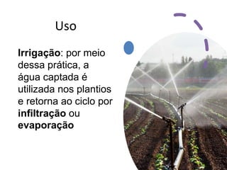Uso
Irrigação: por meio
dessa prática, a
água captada é
utilizada nos plantios
e retorna ao ciclo por
infiltração ou
evaporação
 