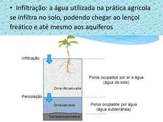 • Infiltração: a água utilizada na prática agrícola
se infiltra no solo, podendo chegar ao lençol
freático e até mesmo aos aquíferos
 