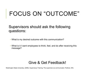 FOCUS ON “OUTCOME”
Supervisors should ask the following
questions:
• What is my desired outcome with this communication?
• What is it I want employees to think, feel, and do after receiving this
message?
Give & Get Feedback!
Washington State University. (2006). Supervisory Training: The supervisor as communicator. Pullman, WA.
 