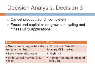 Decision Analysis: Decision 3
   Cancel product launch completely
   Focus and capitalize on growth in cycling and
    fitness GPS applications.


Pros                             Cons
• More stimulating technically   • No share in Satellite
to team members                  Imagery GPS market
• Early mover advantage          • High risk
• Underserved market: Great      • Hamper the brand image of
scope                            Terra Cog
 