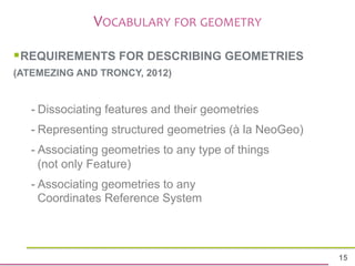 15 
VOCABULARY 
FOR 
GEOMETRY 
§ REQUIREMENTS FOR DESCRIBING GEOMETRIES 
(ATEMEZING AND TRONCY, 2012) 
- Dissociating fea...