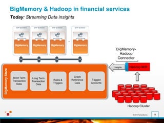 © 2013 Terracotta Inc. 14
BigMemory & Hadoop in financial services
Today: Streaming Data insights
Hadoop Cluster
Insights Hadoop M/R
BigMemory-
Hadoop
Connector
BigMemoryStore
Short Term
Transaction
Data
Long Term
Transaction
Data
Rules &
Triggers
Tagged
Accounts
Credit
Reference
Data
 