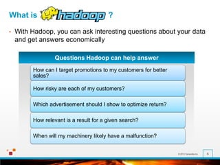 © 2013 Terracotta Inc. 6
What is ?
• With Hadoop, you can ask interesting questions about your data
and get answers economically
Questions Hadoop can help answer
How can I target promotions to my customers for better
sales?
How risky are each of my customers?
Which advertisement should I show to optimize return?
How relevant is a result for a given search?
When will my machinery likely have a malfunction?
 