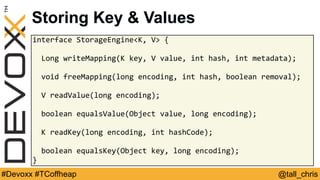 @tall_chris#Devoxx #TCoffheap
interface	StorageEngine<K,	V>	{	
		Long	writeMapping(K	key,	V	value,	int	hash,	int	metadata);	
		void	freeMapping(long	encoding,	int	hash,	boolean	removal);	
			
		V	readValue(long	encoding);	
		boolean	equalsValue(Object	value,	long	encoding);	
			
		K	readKey(long	encoding,	int	hashCode);	
			
		boolean	equalsKey(Object	key,	long	encoding);	
}
Storing Key & Values
 