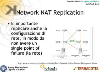 Simone Federici – s.federici@k-tech.it
                                                                                       by K-Tech S.r.l.




        Network NAT Replication
• E' importante
  replicare anche la
  configurazione di
  rete, in modo da
  non avere un
  single point of
  failure (la rete)

          http://www.terracotta.org/confluence/display/docs1/Network+Active-Passive+Deployment+Guide

Spring Meeting 2008
Cagliari 3rd Edition
 