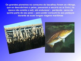 Os grandes pioneiros no consumo do bacalhau foram os vikings,
 que ao descobrirem o peixe, passaram a secá-lo ao ar livre ( na
  época não existia o sal), até endurecer - perdendo cerca da
 quinta parte de seu peso – para poder consumí-lo aos pedaços
           durante as suas longas viagens marítimas
 