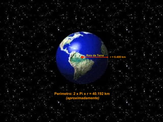 Raio da Terra r = 6.400 km Perímetro: 2 x Pi x r = 40.192 km (aproximadamente) 