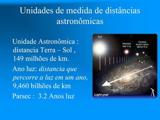 Unidades de medida de distâncias
astronômicas
Unidade Astronômica :
distancia Terra – Sol ,
149 milhões de km.
Ano luz: distancia que
percorre a luz em um ano,
9,460 bilhões de km
Parsec : 3.2 Anos luz
 