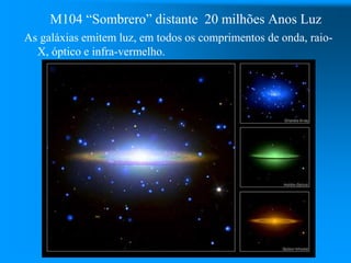 M104 “Sombrero” distante 20 milhões Anos Luz
As galáxias emitem luz, em todos os comprimentos de onda, raio-
X, óptico e infra-vermelho.
 