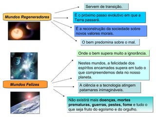 Mundos Regeneradores Mundos Felizes   Servem de transição. É o próximo passo evolutivo em que a Terra passará.  Não existirá mais  doenças, mortes prematuras, guerras, pestes, fome  e tudo o que seja fruto do egoísmo e do orgulho. Nestes mundos, a felicidade dos espíritos encarnados supera em tudo o que compreendemos dela no nosso planeta.  Onde o bem supera muito a ignorância.  O bem predomina sobre o mal.  É a reconstrução da sociedade sobre novos valores morais.  A ciência e a tecnologia atingem patamares inimagináveis.  