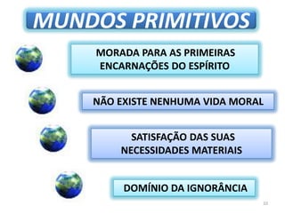 10MUNDOS PRIMITIVOSMORADA PARA AS PRIMEIRAS ENCARNAÇÕES DO ESPÍRITO NÃO EXISTE NENHUMA VIDA MORALSATISFAÇÃO DAS SUAS NECESSIDADES MATERIAIS DOMÍNIO DA IGNORÂNCIA