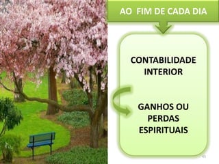 AO  FIM DE CADA DIA<br />CONTABILIDADE INTERIOR<br />GANHOS OU PERDAS ESPIRITUAIS<br />45<br />