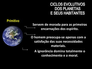 6 
Primitivo 
Servem de morada para as primeiras 
encarnações dos espírito. 
O homem preocupa-se apenas com a 
satisfação das suas necessidades 
materiais. 
A ignorância domina totalmente o 
conhecimento e a moral. 
 