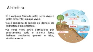A biosfera
• É o conjunto formado pelos seres vivos e
pelos ambientes em que vivem.
• Ela é composta de regiões da litosfera, da
hidrosfera e da atmosfera.
• Os seres vivos estão distribuídos por
praticamente todo o planeta Terra;
habitam ambientes quentes e frios,
úmidos e secos.
 