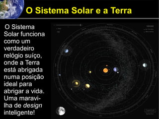 O Sistema Solar e a Terra
O Sistema
Solar funciona
como um
verdadeiro
relógio suíço,
onde a Terra
está abrigada
numa posição
ideal para
abrigar a vida.
Uma maravi-
lha de design
inteligente!
 