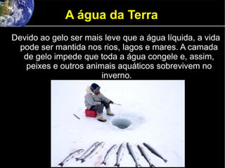 A água da Terra
Devido ao gelo ser mais leve que a água líquida, a vida
pode ser mantida nos rios, lagos e mares. A camada
de gelo impede que toda a água congele e, assim,
peixes e outros animais aquáticos sobrevivem no
inverno.
 