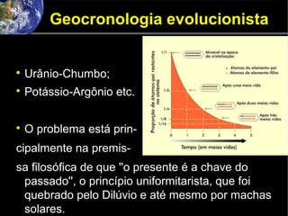 Geocronologia evolucionista

Urânio-Chumbo;

Potássio-Argônio etc.

O problema está prin-
cipalmente na premis-
sa filosófica de que ''o presente é a chave do
passado'', o princípio uniformitarista, que foi
quebrado pelo Dilúvio e até mesmo por machas
solares.
 