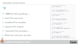 FullStack Developers Israel
TERRAFORM | GETTING STARTED
*.tf
‣ 1 FAT ﬁle with everything …
‣ main.tf for resources
‣ variables.tf for variables
‣ outputs.tf for outputs
‣ * provider.tf for providers …
‣ What ever suits your use case
 