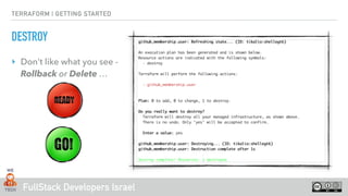 FullStack Developers Israel
TERRAFORM | GETTING STARTED
DESTROY
‣ Don’t like what you see -
Rollback or Delete …
 