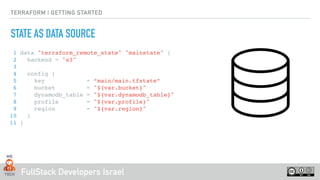 FullStack Developers Israel
TERRAFORM | GETTING STARTED
STATE AS DATA SOURCE
1 data "terraform_remote_state" "mainstate" {
2 backend = "s3"
3
4 config {
5 key = “main/main.tfstate”
6 bucket = "${var.bucket}"
7 dynamodb_table = "${var.dynamodb_table}"
8 profile = "${var.profile}"
9 region = "${var.region}"
10 }
11 }
 
