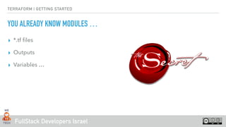 FullStack Developers Israel
TERRAFORM | GETTING STARTED
YOU ALREADY KNOW MODULES …
▸ *.tf ﬁles
▸ Outputs
▸ Variables …
 