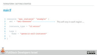 FullStack Developers Israel
TERRAFORM | GETTING STARTED
main.tf
1 resource "aws_instance" "example" {
2 ami = “ami-xxxxxxx"
3
4 instance_type = "t2.micro"
5
6 tags {
7 Name = “generic-ec2-instance“
8 }
9 }
This will very in each region …
 