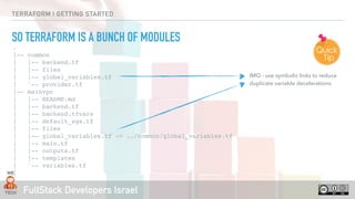 FullStack Developers Israel
TERRAFORM | GETTING STARTED
SO TERRAFORM IS A BUNCH OF MODULES
.
|-- common
| |-- backend.tf
| |-- files
| |-- global_variables.tf
| `-- provider.tf
|-- mainvpc
| |-- README.md
| |-- backend.tf
| |-- backend.tfvars
| |-- default_sgs.tf
| |-- files
| |-- global_variables.tf -> ../common/global_variables.tf
| |-- main.tf
| |-- outputs.tf
| |-- templates
| `-- variables.tf
|
IMO - use symbolic links to reduce
duplicate variable decelerations.
 