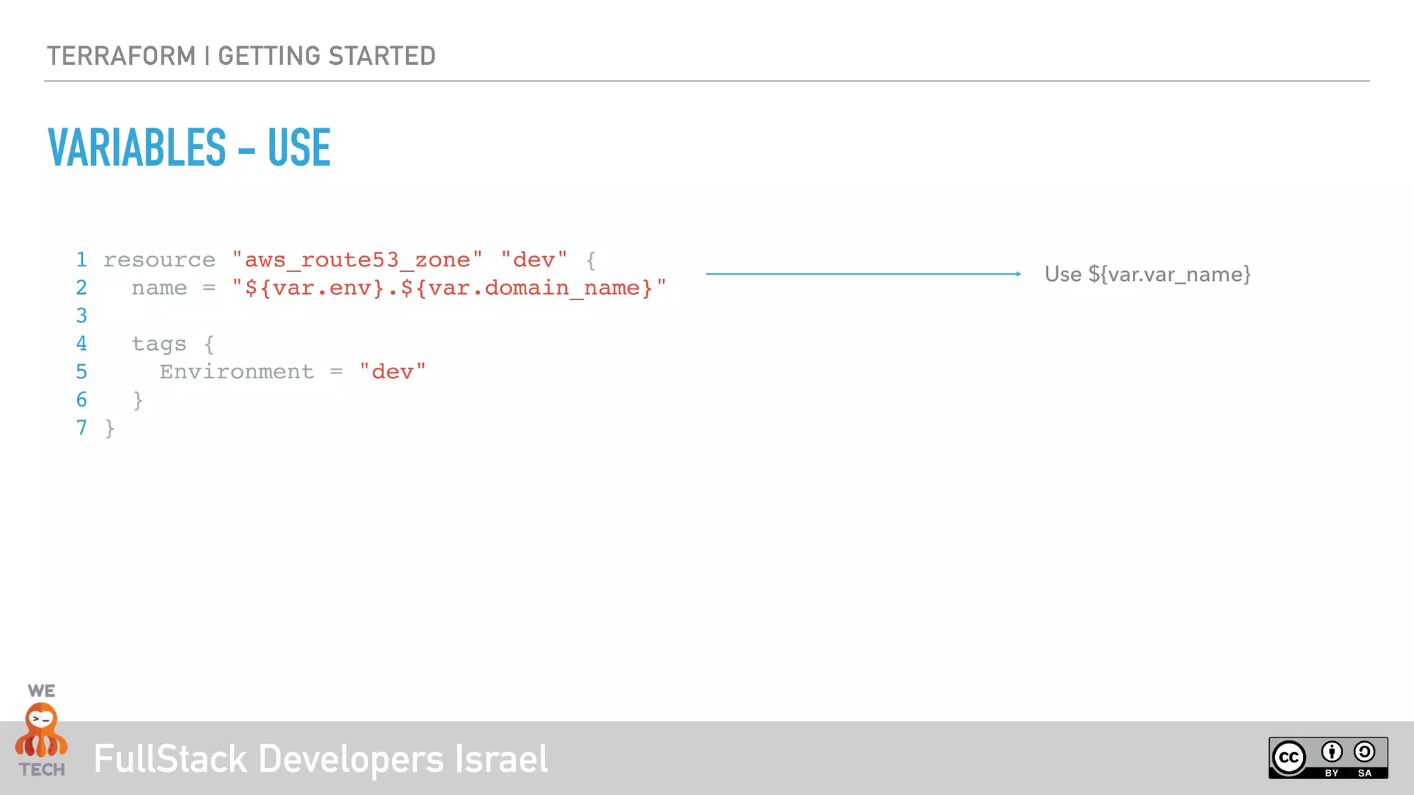 FullStack Developers Israel
TERRAFORM | GETTING STARTED
VARIABLES - USE
Use ${var.var_name}
1 resource "aws_route53_zone" "dev" {
2 name = "${var.env}.${var.domain_name}"
3
4 tags {
5 Environment = "dev"
6 }
7 }
 