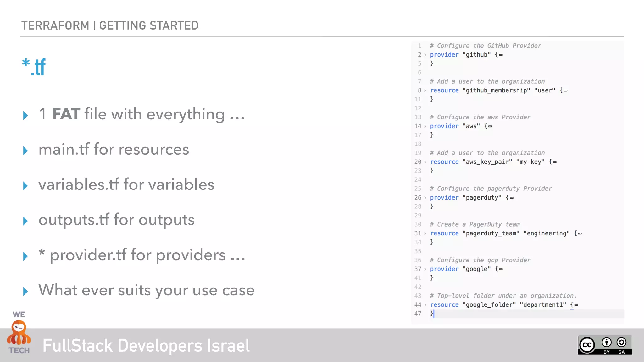 FullStack Developers Israel
TERRAFORM | GETTING STARTED
*.tf
‣ 1 FAT file with everything …
‣ main.tf for resources
‣ variables.tf for variables
‣ outputs.tf for outputs
‣ * provider.tf for providers …
‣ What ever suits your use case
 